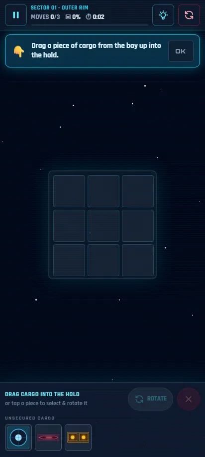 Cargo Hold Panic gameplay just after starting a round, shown on a phone screen