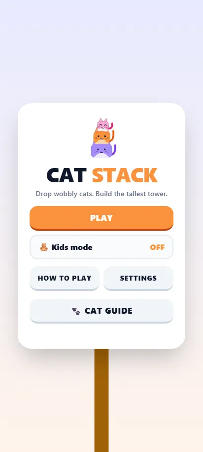 Cat Stack title screen, shown on a phone screen
