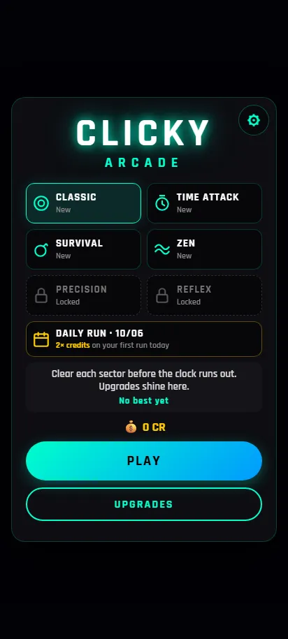 Clicky Arcade title screen, shown on a phone screen