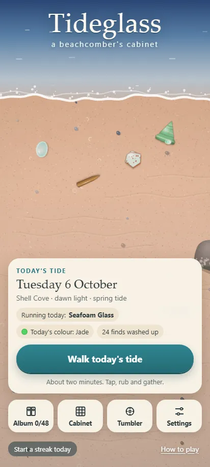 Tideglass title screen, shown on a phone screen