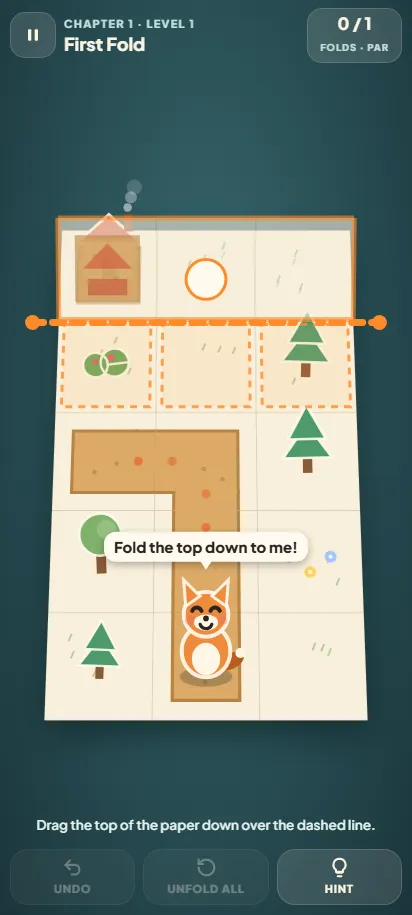 Foldscape gameplay just after starting a round, shown on a phone screen