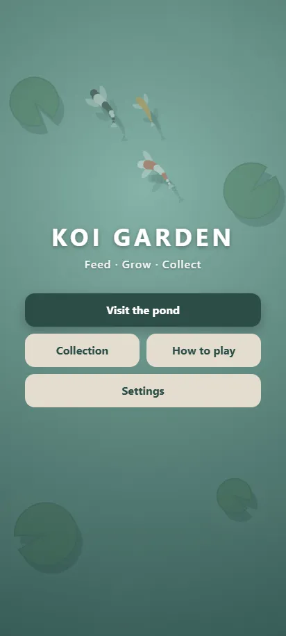 Koi Garden title screen, shown on a phone screen