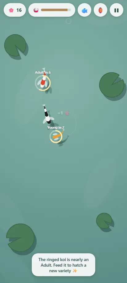 Koi Garden gameplay in the middle of a round, shown on a phone screen