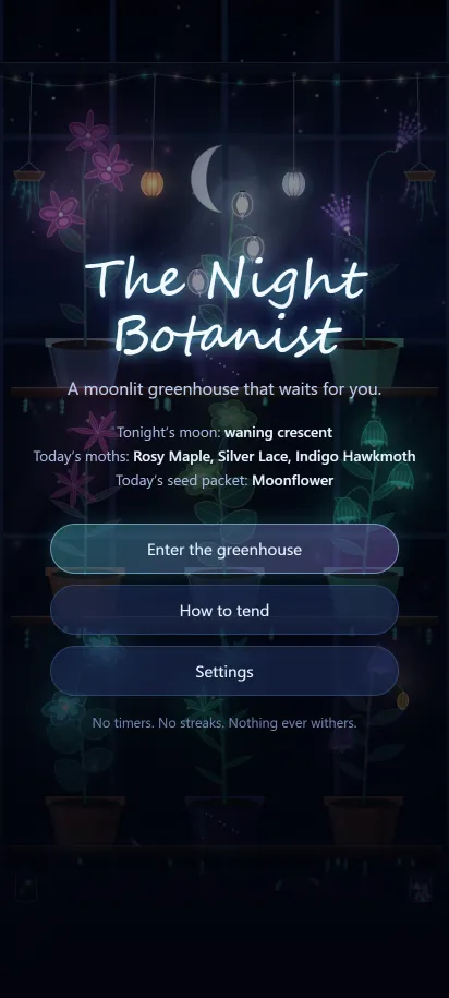 The Night Botanist title screen, shown on a phone screen