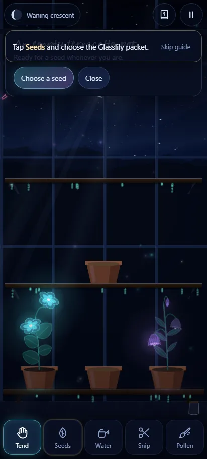 The Night Botanist gameplay in the middle of a round, shown on a phone screen