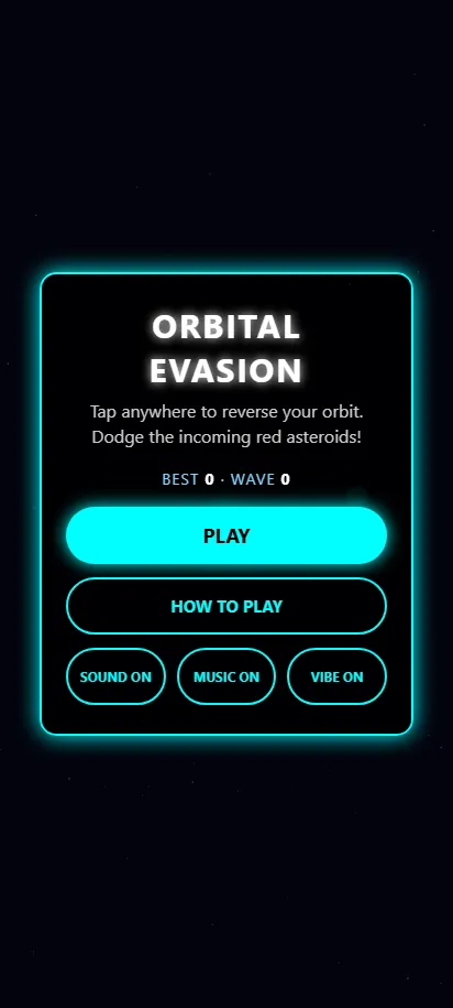 Orbital Evasion title screen, shown on a phone screen