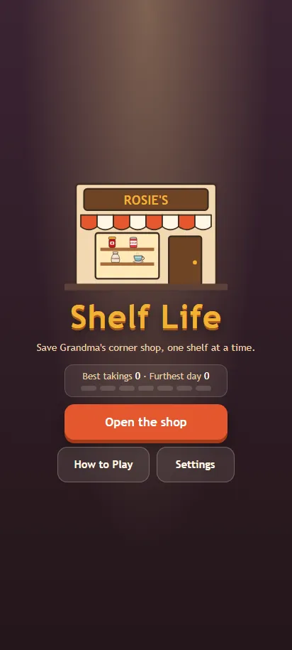 Shelf Life title screen, shown on a phone screen