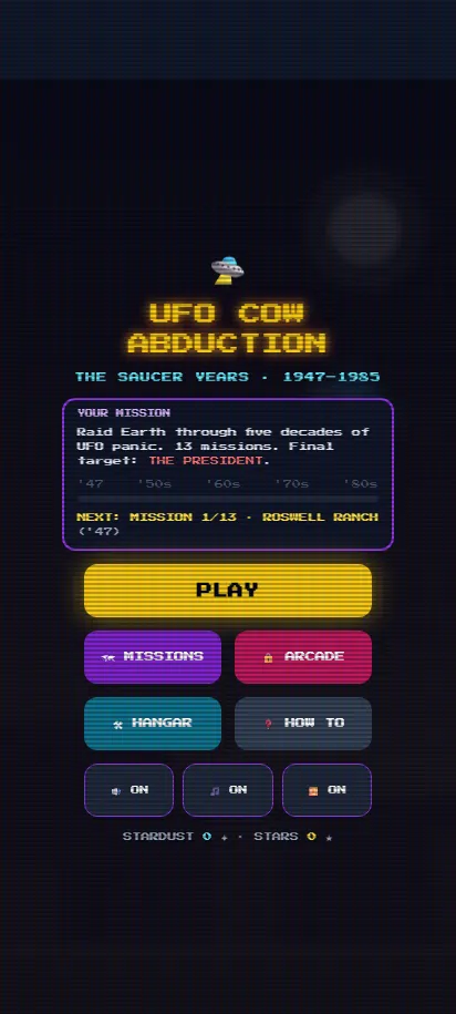 UFO Cow Abduction title screen, shown on a phone screen