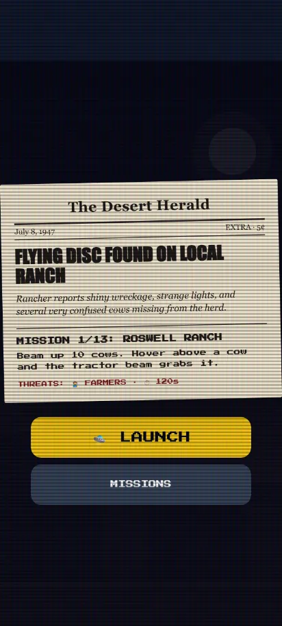 UFO Cow Abduction gameplay, shown on a phone screen